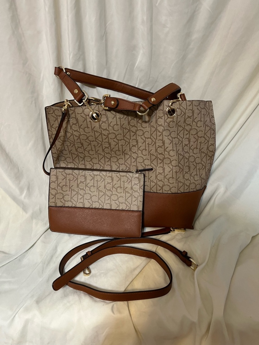 Calvin Klein Brown Monogram Tote Bag with Matching Pouch